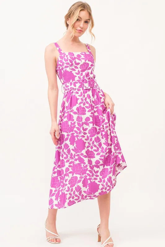 Belted Floral Printed Midi Dress
