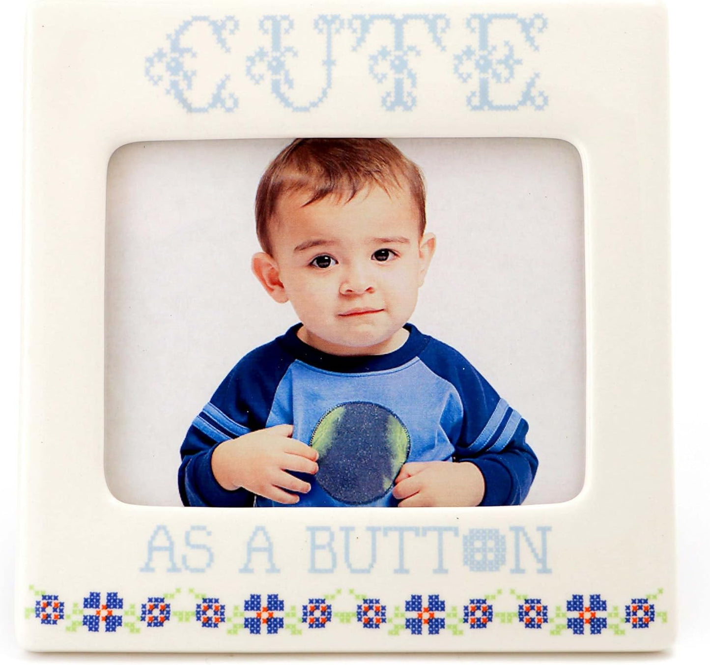 “Cute as a Button” Blue or Pink Ceramic, 4”x5” Photo Frame