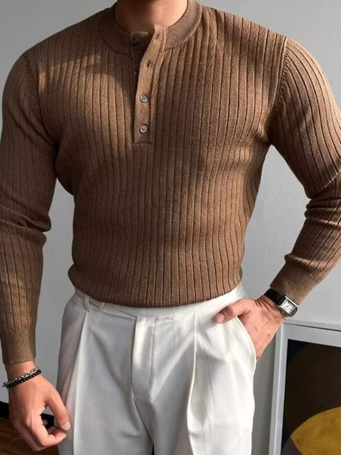 Ribbed Long Sleeve Men's Knit Top