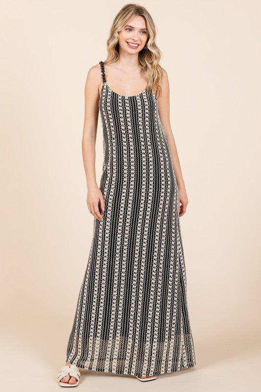 Plus Size Striped Scoop Neck Beaded Strap Maxi Cami Dress