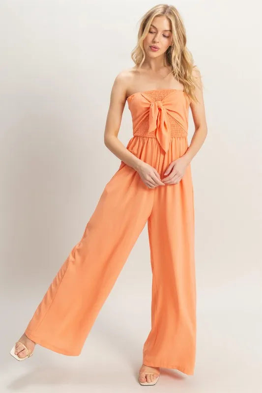 Strapless Tie Front Smocked Jumpsuit