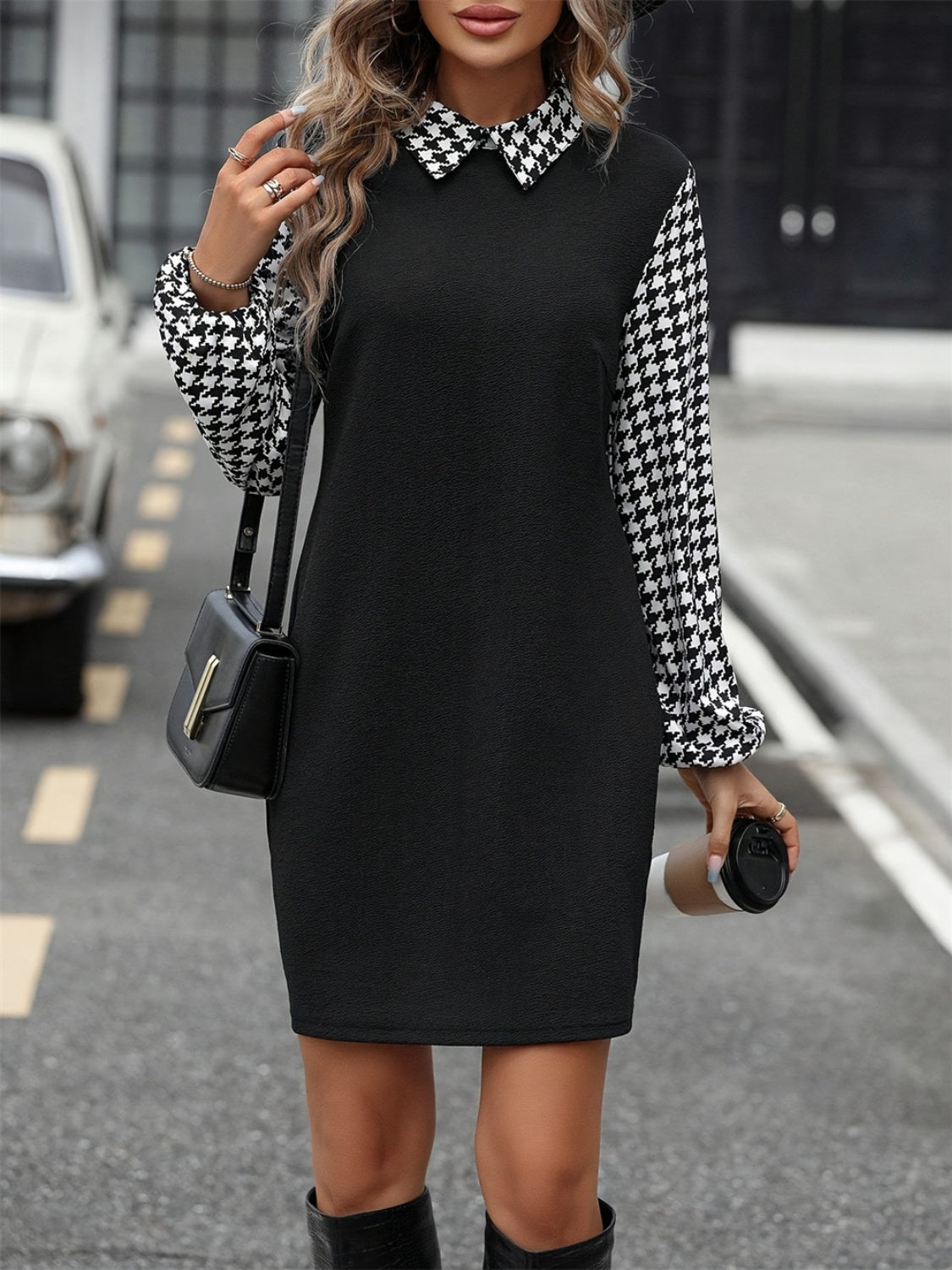 Houndstooth Collared Neck Long Sleeve Mini Dress