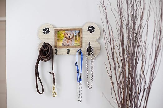 FoxCarr Wall Mount Dog Leash Holder with Key Holder Hooks, Leash Hanging Dog Tails, and 4x6 Picture Frame