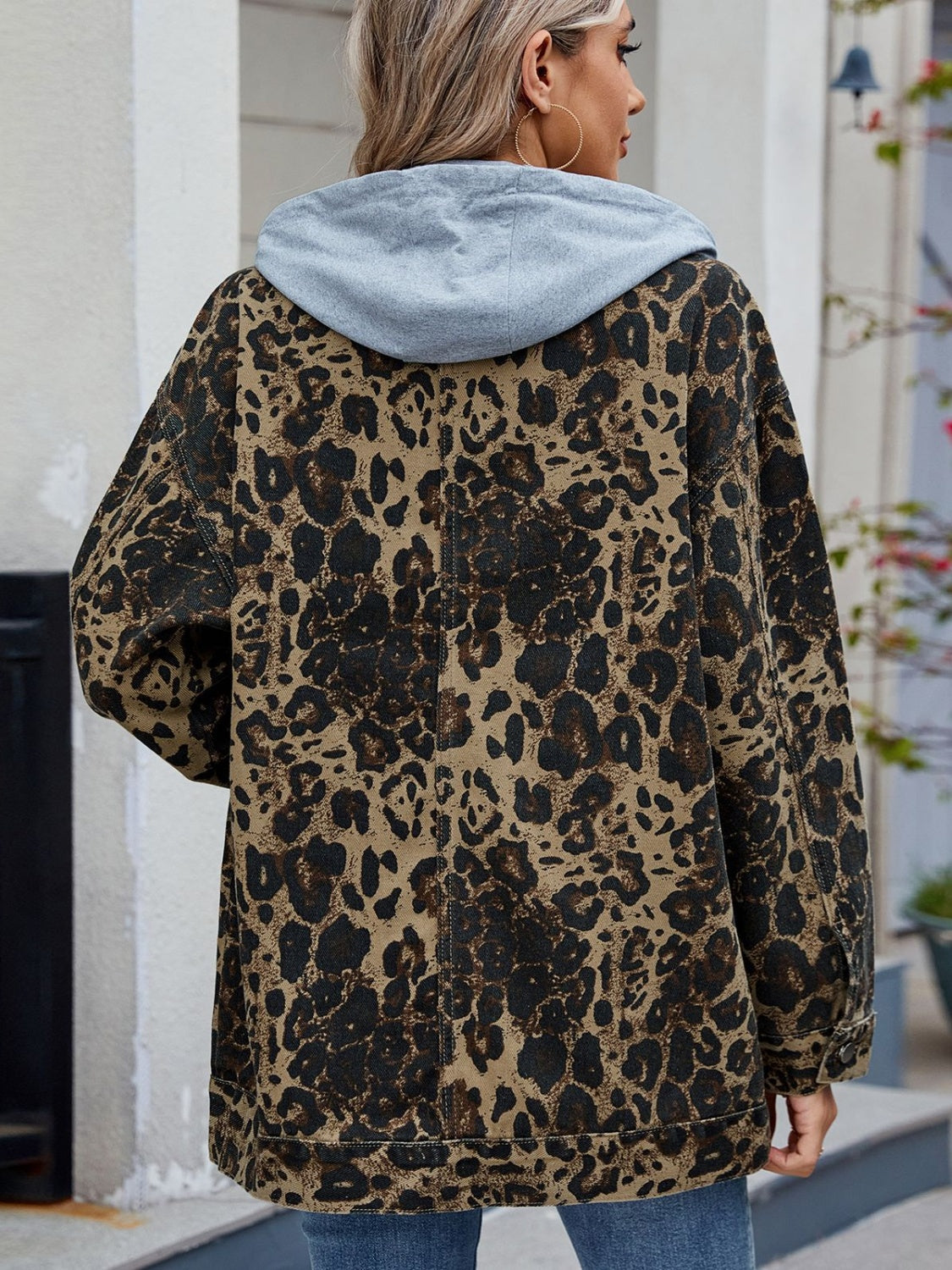 Leopard Button Up Drop Shoulder Denim Jacket