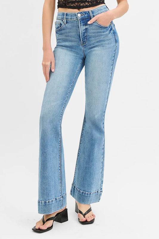 RISEN Full Size Tummy Control Elastic Band High Rise Flare Jeans Plus Size