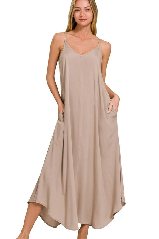 Woven Arc Hem Cami Dress With Flowy Pockets