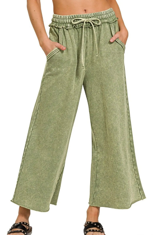 Zenana Washed French Terry Palazzo With Pockets