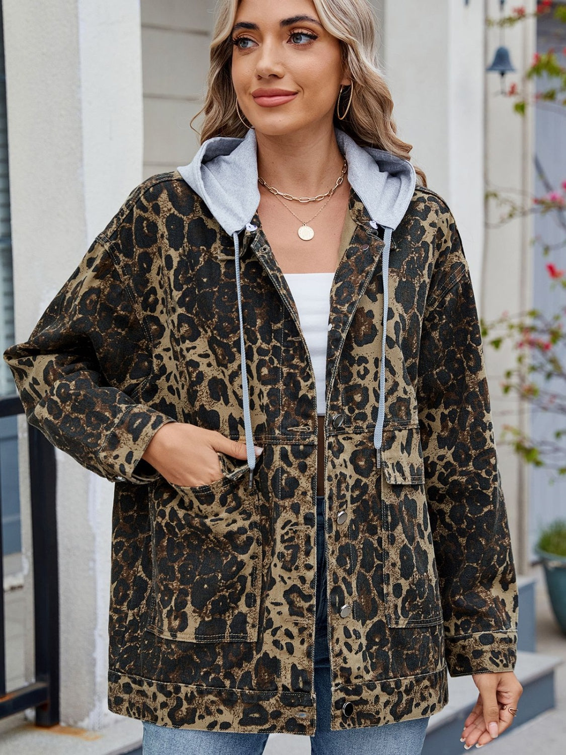 Leopard Button Up Drop Shoulder Denim Jacket