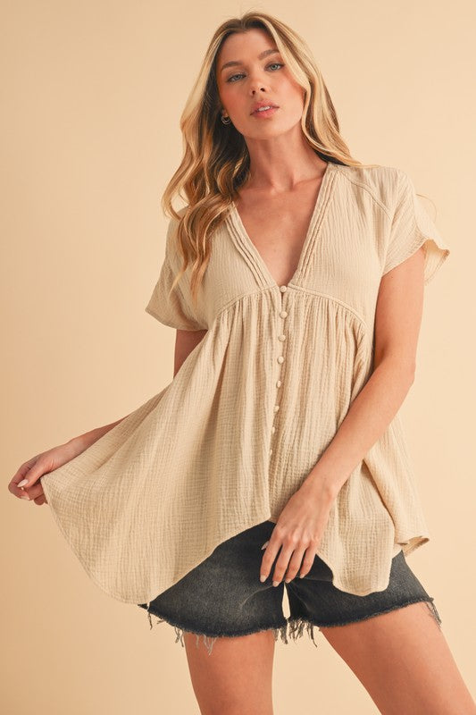 Tuck Detail V-Neck Short Sleeve Blouse